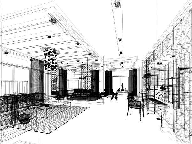 istock sketch design of living ,3dwire frame render 525215580