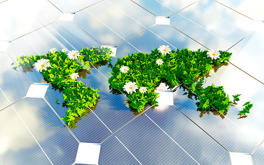 Sustainable energy 3d illustration - photovoltaic with leaf and flower continents.