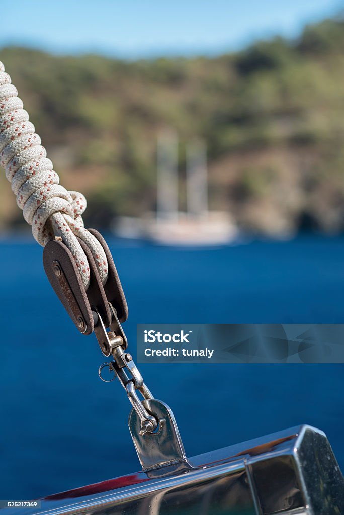 Rope Pulley Boat pulley on yacht Aquatic Sport Stock Photo