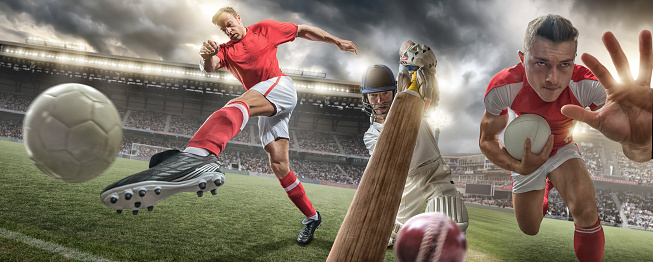 A close up wide angle composite image of soccer player kicking football, cricket player hitting ball and rugby player running holding ball with hand out. All of the action is set in generic stadiums appropriate to each sport, under dramatic cloudy evening skies. All players are wearing generic unbranded kit.
