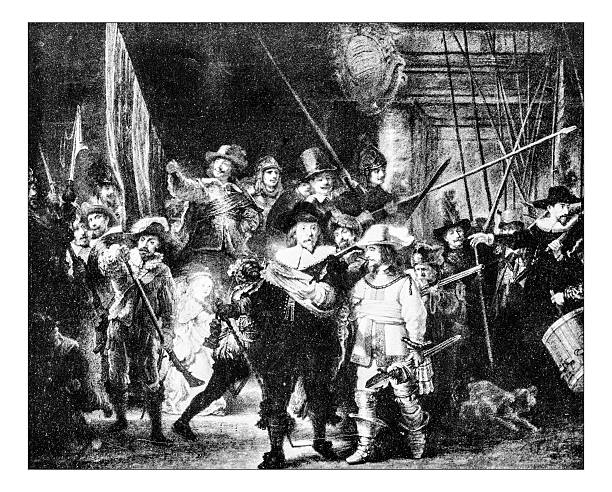 alte foto von rembrandt das gemälde " die nachtwache" - rembrandt stock-grafiken, -clipart, -cartoons und -symbole