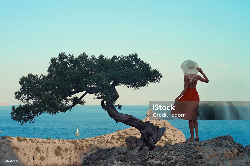 Young woman waiting for sailboat Fashion photo of romantic lady looking at the sailboat 20-29 Years Stock Photo