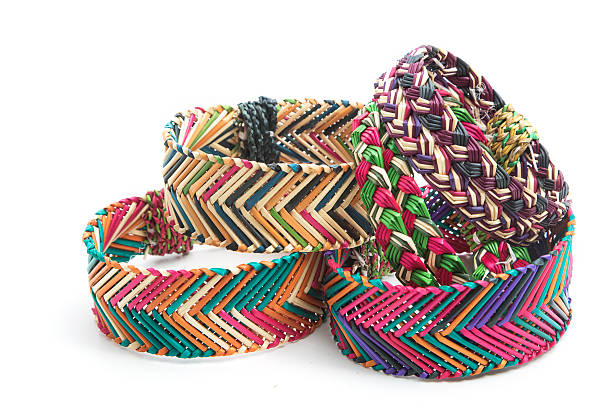 istock Colorful hanndmade wicker bracelets, wrist band on isolate 525221316