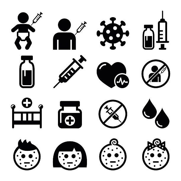 Childhood vaccinations, chicken pox icon set Sick child, vaccinate, medical vector icons set isolated on white  dna virus stock illustrations