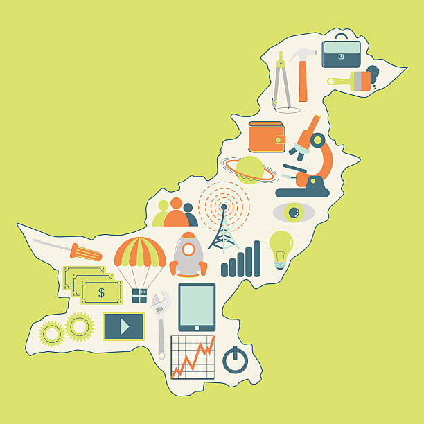 karte von pakistan mit technologie-icons - all asian currencies stock-grafiken, -clipart, -cartoons und -symbole