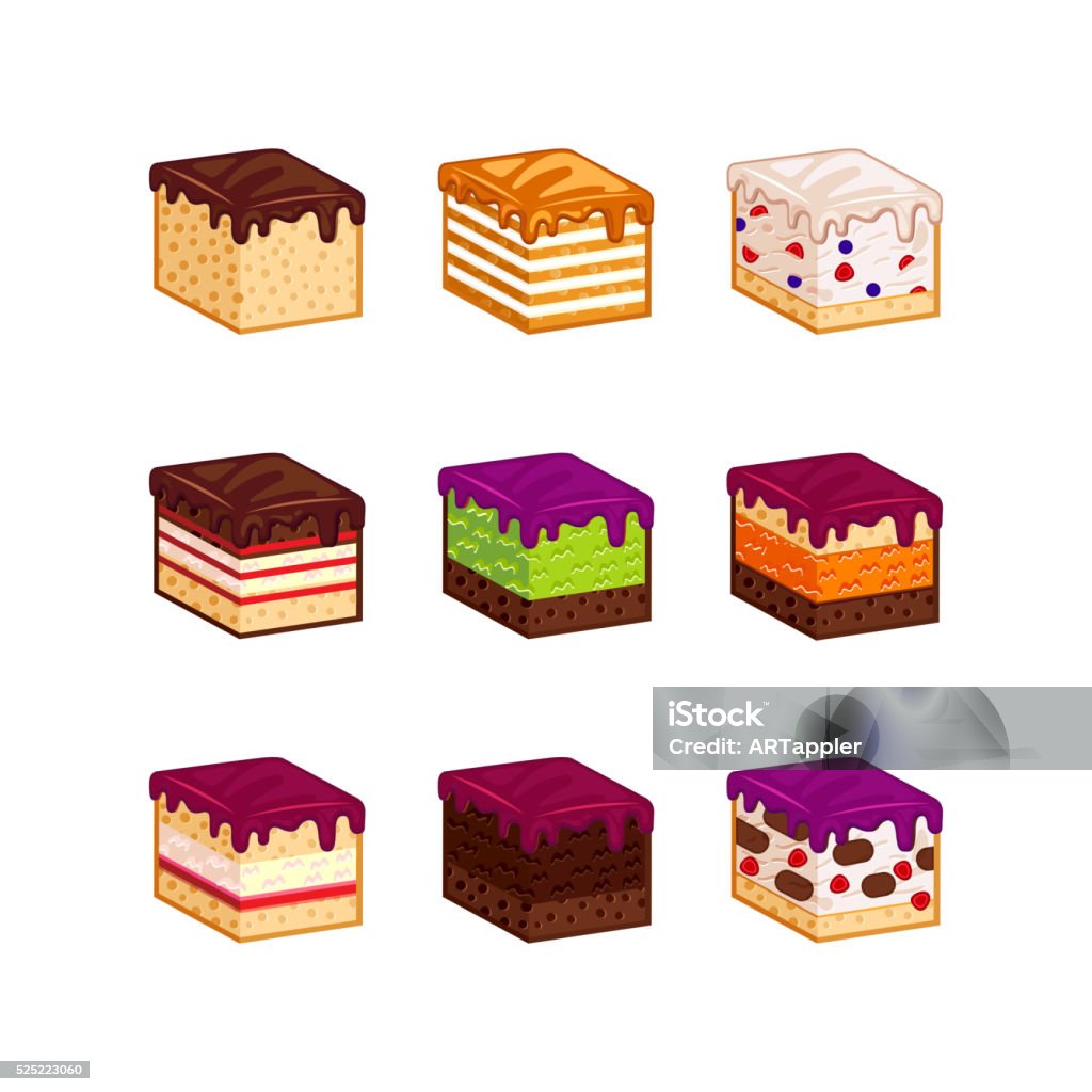 Flat design cake flavour slices Flat design cake piese icons. Cartoon cake flavour vector illustration. Cake slice isolated set. Birthday cake order infogaphics.  Pieces of cake. Chocolate, berries, tiramisu, meringue, honey cake, sour cream, diet pie slices Berry Fruit stock vector