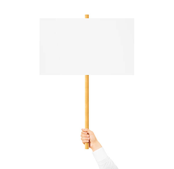 Hand holding blank banner mock up on wood stick isolated Hand holding blank banner mock up on wood stick isolated. Empty board plank hold in hands. Holding sign up. Clear signal stick. Man person holding placard signal. Protesters people on picket strike. stick plant part photos stock pictures, royalty-free photos & images