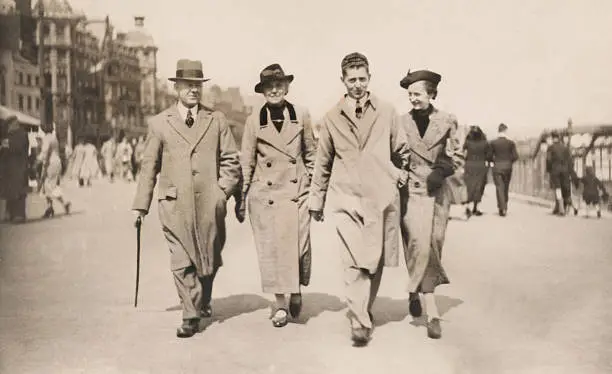Photo of a vintage / retro photo, showing a family from the 1930s walking along the seafront / promenade in Weymouth on an autumnal day, weather long coats, hats and scarves.  This black and white photograph was taken in 1936, when the Weymouth promenade was much wider.  Many of the hotels and buildings along this seaside thoroughfare are still standing today and look virtually identical.