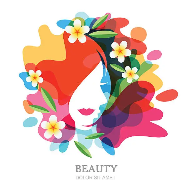 Vector illustration of Female face and plumeria flowers on multicolor splash background