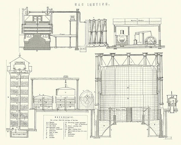 Diagram of a Victorian Gas Works Vintage engraving of a Diagram of a Victorian Gas Works gas fired power station stock illustrations