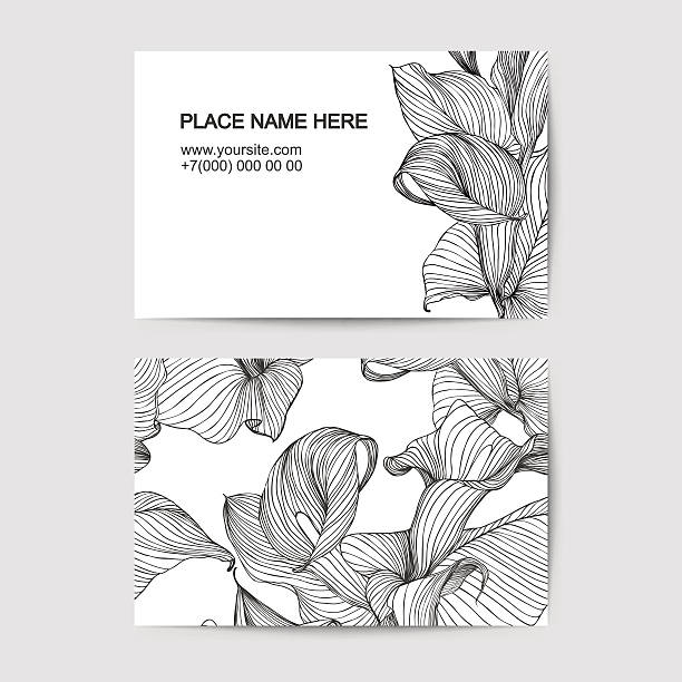 ilustraciones, imágenes clip art, dibujos animados e iconos de stock de plantilla de tarjeta de visita con cala de floristería salón - alcatraz flor