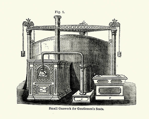 Victorian machines - Small Gaswork for Gentlemens seats Vintage engraving of a Small Gaswork for Gentlemens seats, 19th century. gas fired power station stock illustrations