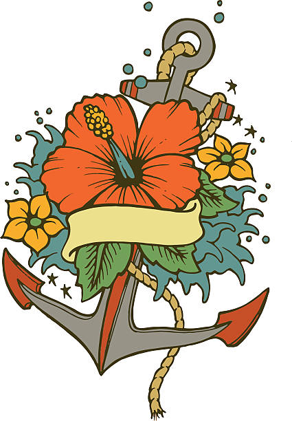 Anchor Tattoo Traditional Tattoo Illustration of Anchor and Flowers hibiscus flower tattoos stock illustrations