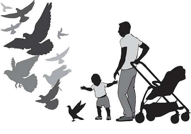 Father with child watch and feed the pigeons The father walks with the baby in the stroller. They watch and feed the pigeons. The child learns to walk. A child goes for a pigeon. Pigeons fly. Silhouette on a white background. pigeon family stock illustrations