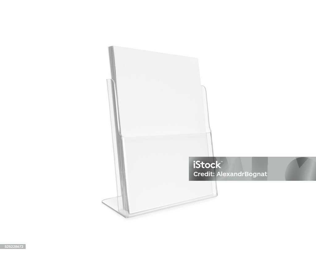 Blank flyer mockup glass plastic transparent holder isolated Blank flyer mockup glass plastic transparent holder isolated. Plain flier stand. Clear brochure holding. Clean poster mock up design presentation. Shows flyer. Pamphlet design. Empty paper template. Acrylic Glass Stock Photo