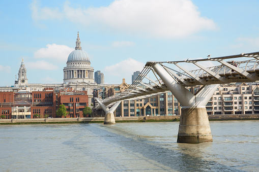 Millennium bridge and St Paul cathedral in a sunny morning in London