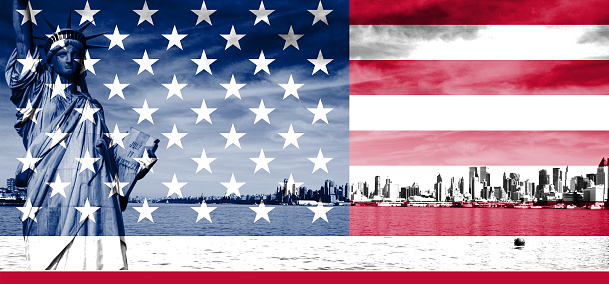 new york skyline state of liberty american flag