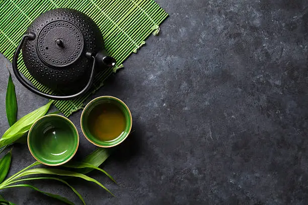 Green japanese tea on stone table. Top view with copy space