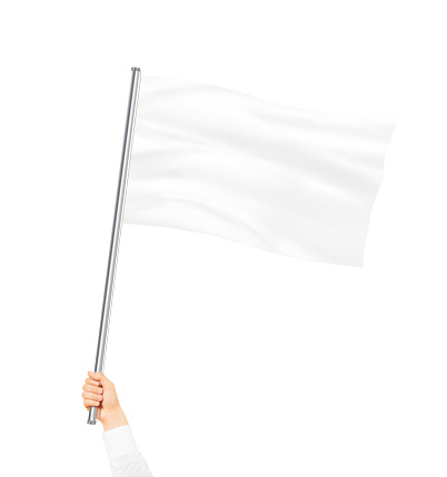 Bandera blanca en blanco aislado simulados sosteniendo en la mano photo