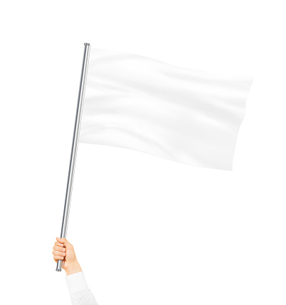 Blank white flag mock up isolated holding in hand. Large wavy flagpole mockup ready for logo design presentation. Surrender symbol empty banner. 