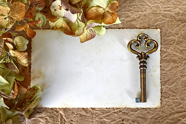 Empty photo frame and old key on brown paper