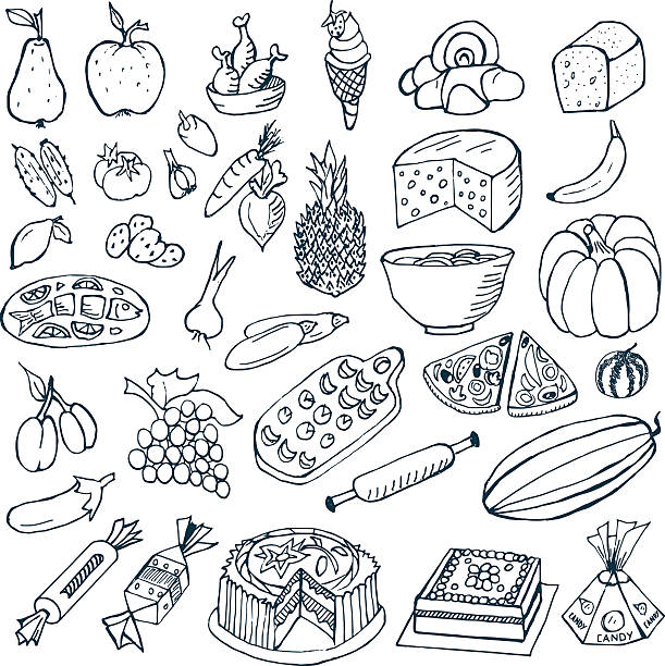 Food Doodles Food doodles. Vector illustration. Different types of food. cheese drawings stock illustrations