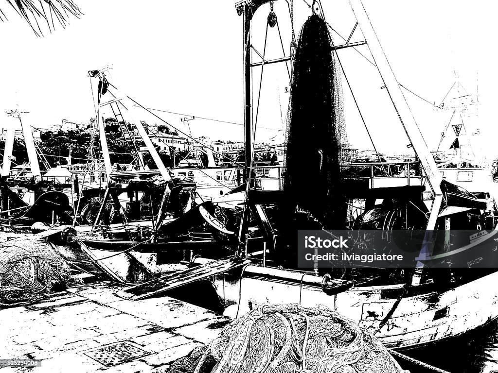 fishing boats cartoon style 2 La Spezia, Liguria, Italy - July 29, 2014: fishing boats in the harbor with many fishing nets, it's going to rain. Black-and-white photo 2014 Stock Photo