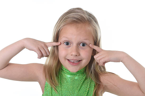 schoolgirl pointing her eyes in body parts learning school chart stock photo