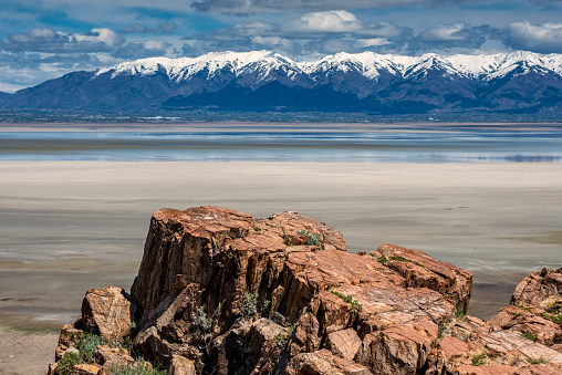 A view of the Wasatch Mountain Range as seen from Antelope Island in The Great Salt Lake in April.