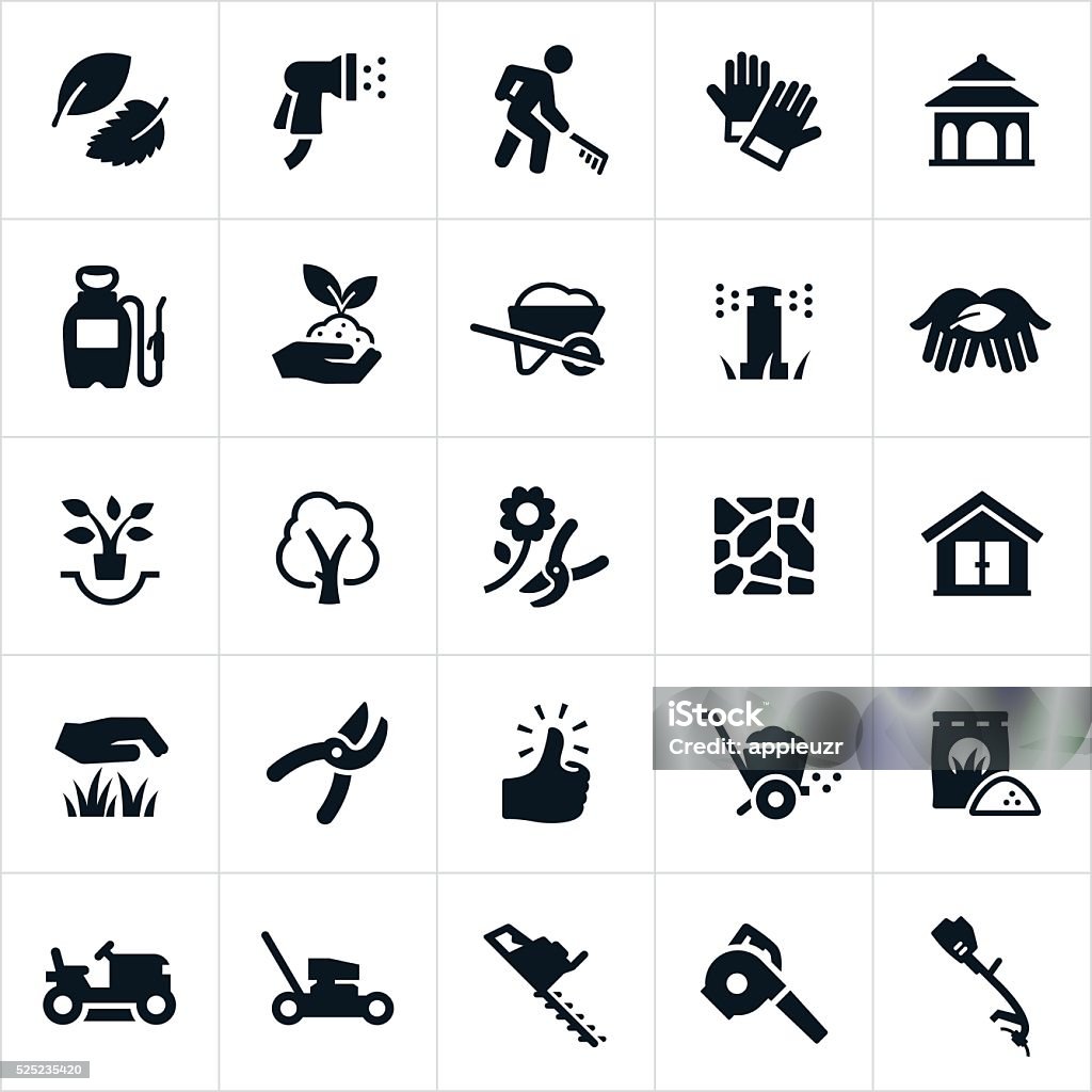 Landscaping Icons Icons related to. The icons include common landscaping equipment including lawnmowers, trimmers, leaf blower, edger, pruning shears, wheel barrow and fertilizer. The set of icons also includes a landscaper, water hose, work gloves, gazebo, weed sprayer, plants, trees, flagstone, shed, grass, green thumb and fertilizer. Icon Symbol stock vector