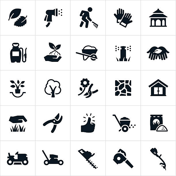 Landscaping Icons Icons related to. The icons include common landscaping equipment including lawnmowers, trimmers, leaf blower, edger, pruning shears, wheel barrow and fertilizer. The set of icons also includes a landscaper, water hose, work gloves, gazebo, weed sprayer, plants, trees, flagstone, shed, grass, green thumb and fertilizer. gazebo stock illustrations