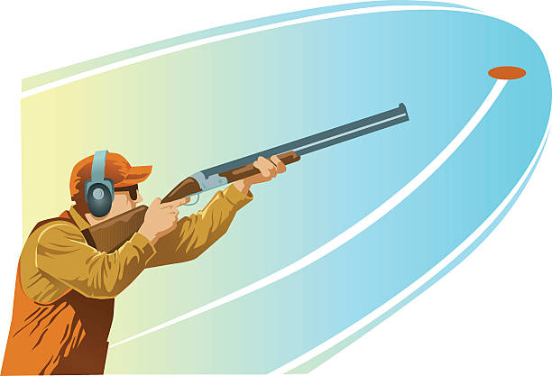 Clay Pigeon Shooter Aiming Shotgun at the Target Illustration and All images are placed on separate layers for easy editing. trap shooting stock illustrations