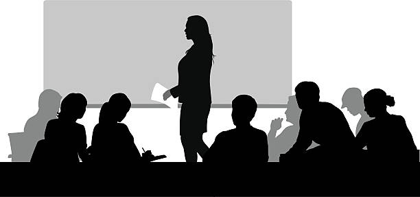 TeachingPosition A woman administering a lecture before attentive students. seminar classroom lecture hall university stock illustrations