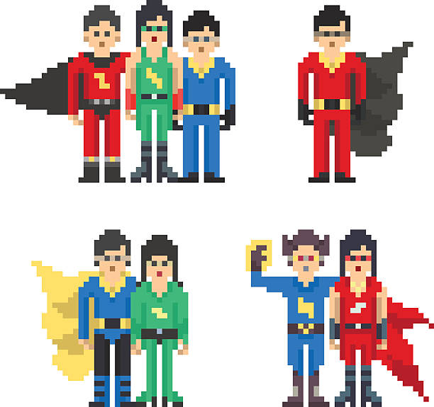 Pixel Art Superhero Team Costumes Series superhero teams created with a flat minimal style. Group of people in superhero costumes, isolated on white background. Made in a pixel-art graphics style. pixelated illustrations stock illustrations