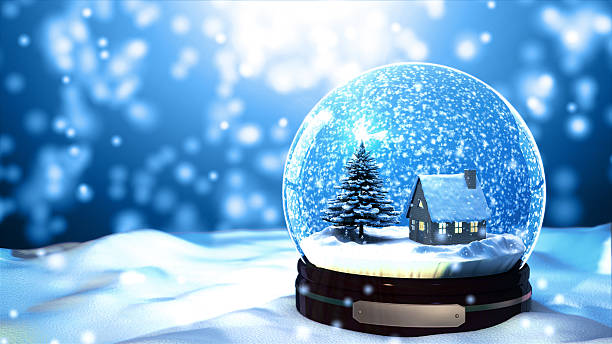 noël boule de neige décorative de flocon de neige sur fond bleu avec des chutes de neige - snow globe christmas snow winter photos et images de collection