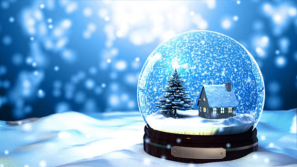 natale neve globo fiocco di neve con nevicate su sfondo blu - xmas toys snowflake foto e immagini stock