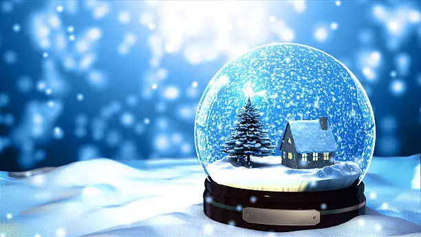 Photo of Christmas Snow globe Snowflake with Snowfall on Blue Background
