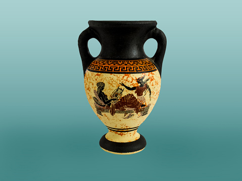 Ancient colored amphora with an ornament. Ceramic pottery for the vine and olive oil