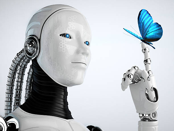 robot z systemem android kobiet i butterfly - people machine part profile science zdjęcia i obrazy z banku zdjęć