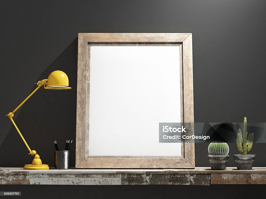 Mock up-Frame auf Holztisch, graue Wand - Lizenzfrei Kaminsims Stock-Foto