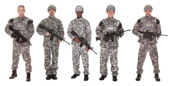 Group Of Soldier Holding Rifle Over White Background