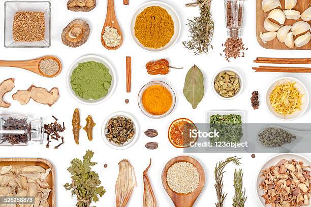 Spices And Herbs On White Background Stock Photo - Download Image Now - Spice, White Background, Bowl