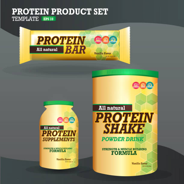 ilustraciones, imágenes clip art, dibujos animados e iconos de stock de juego de proteínas complementos de envasado diseños amarillo y verde - muscular build food healthy eating human muscle