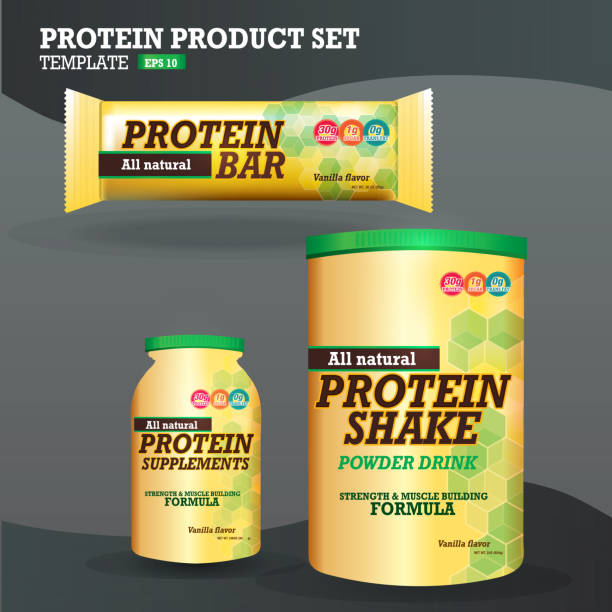 Set of protein supplements packaging designs yellow and green Vector Illustration of a Set of protein supplements packaging designs. Includes Protein bar, protein supplements, and protein shake, packaging template design with sample text. Each item grouped for easy editing. Use for advertising, billboards. Health, diet, weight management, calories, healthy, supplements, protein, weight lifting, muscle maintenance, all natural, formula, regime. protein powder bottle stock illustrations
