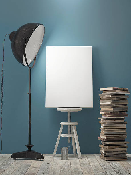 istock Mock up Poster on blue wall, lamp light, background 525270449