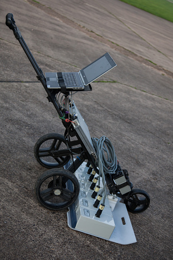 Lutterworth, England - November 19, 2014: portable ground penetrating radar machinery on concrete
