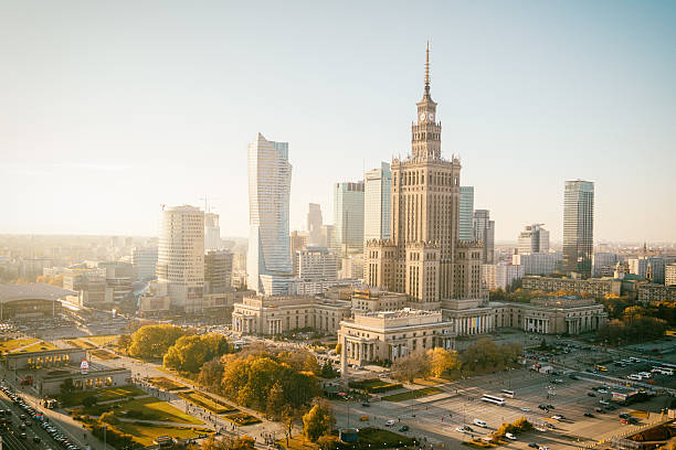 Warsaw showing the Palace of Culture and Science Building, centre of the city which is the capital and largest in Poland