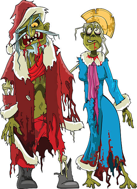 bildbanksillustrationer, clip art samt tecknat material och ikoner med cartoon zombie santa claus and snow maiden zombies - santa hat