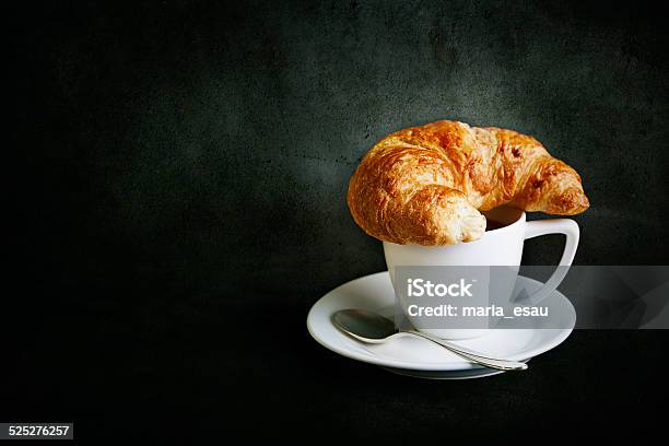 Cup Of Coffee With Croissant Stock Photo - Download Image Now - Baked Pastry Item, Bakery, Black Color