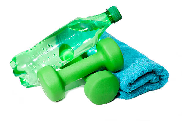 istock Dumbbells and water bottle, towel 525276907